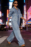 Women Button-Down Long-Sleeved Denim Jumpsuit