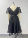 Women Spring Summer Double V Neck Mesh Plus Size Evening Dress Formal Party Gown