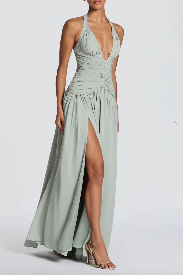 Halter V-Neck Slit Pleated Backless Maxi Dress