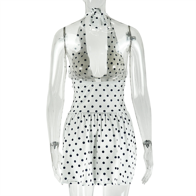 Polka Dot Print V-Neck Sleeveless Halter Dress