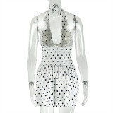 Women Polka Dot Print V-Neck Sleeveless Halter Neck Dress