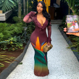 Women Bodycon V-Neck Color Block Maxi Dress