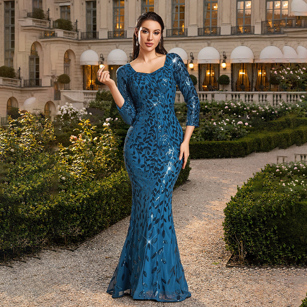 Sequin Round Neck Half Sleeve Mermaid Evening Gown