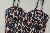 Women Elegant Slit Irregular Backless Strapless Leopard Print Braided Dress