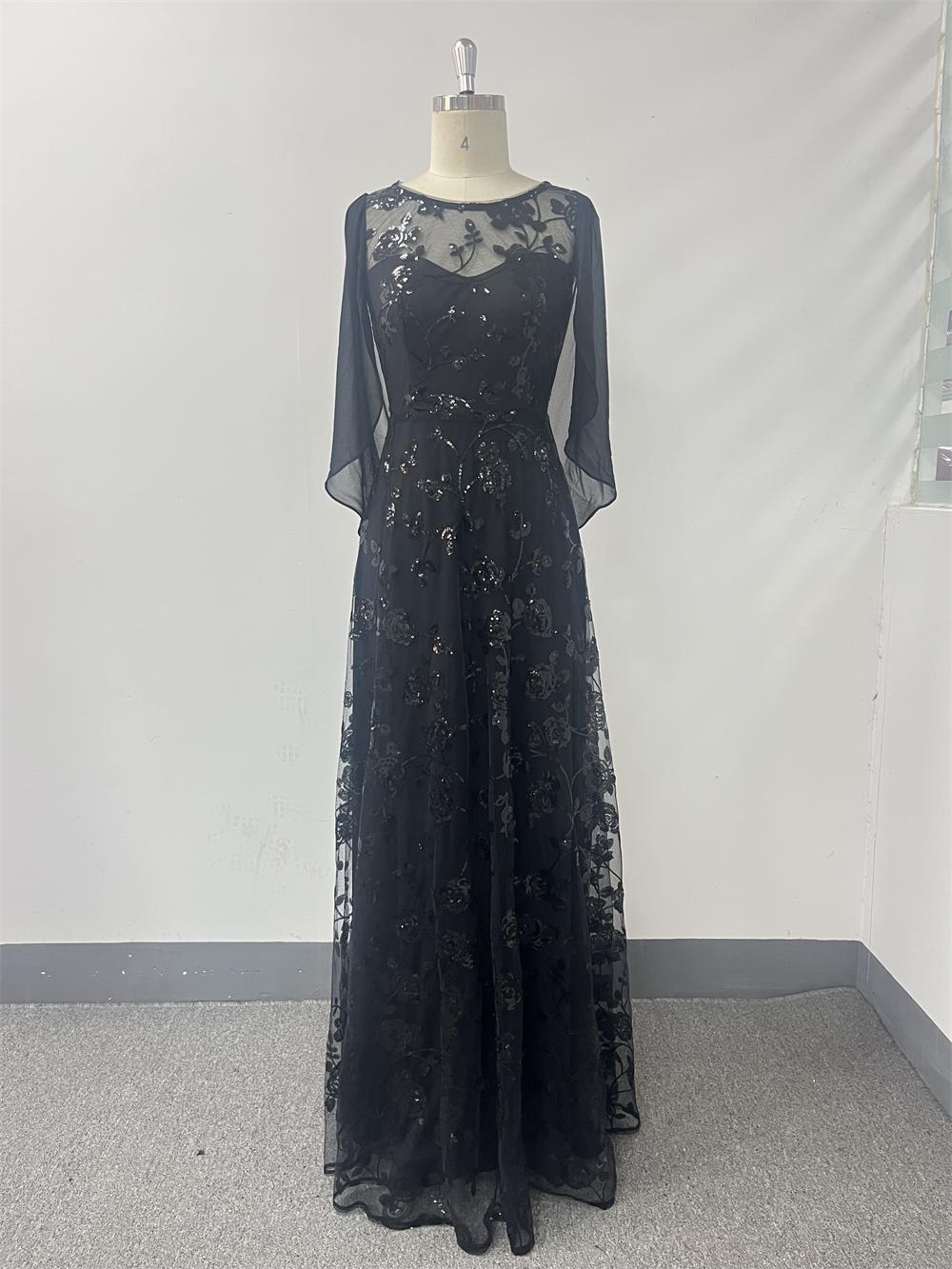 Mesh Sequin Round Neck A-Line Cape Maxi Evening Gown