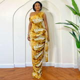 Women Formal Party Elegant Ruffled Slash Shoulder One-Shoulder Bodycon Dress
