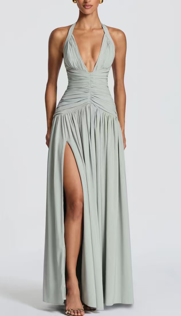 Halter V-Neck Slit Pleated Backless Maxi Dress