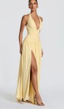 Women Halter Neck V-Neck Sexy Slit Pleated Backless Maxi Dress