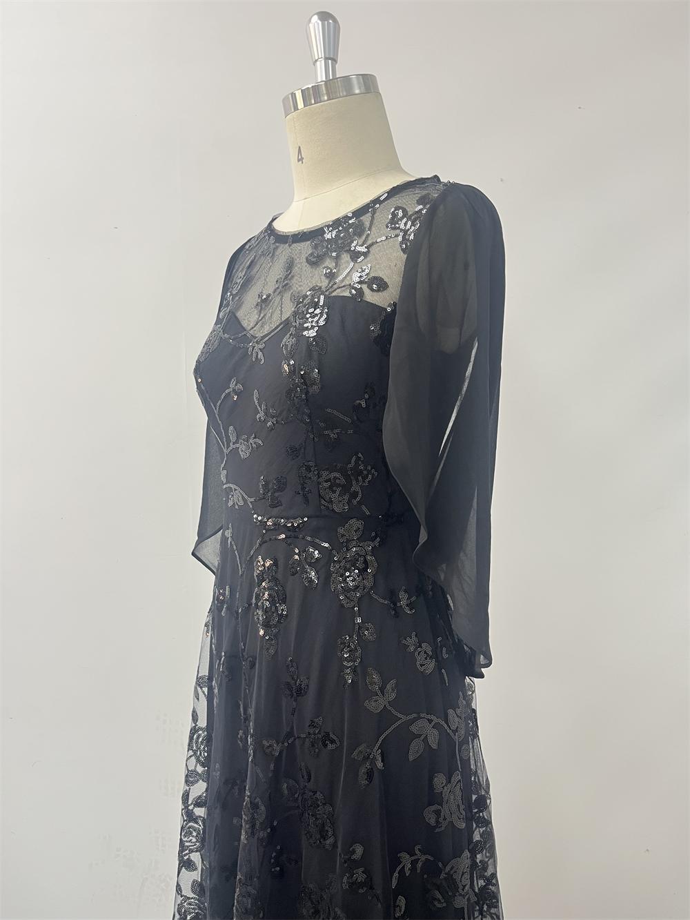 Mesh Sequin Round Neck A-Line Cape Maxi Evening Gown