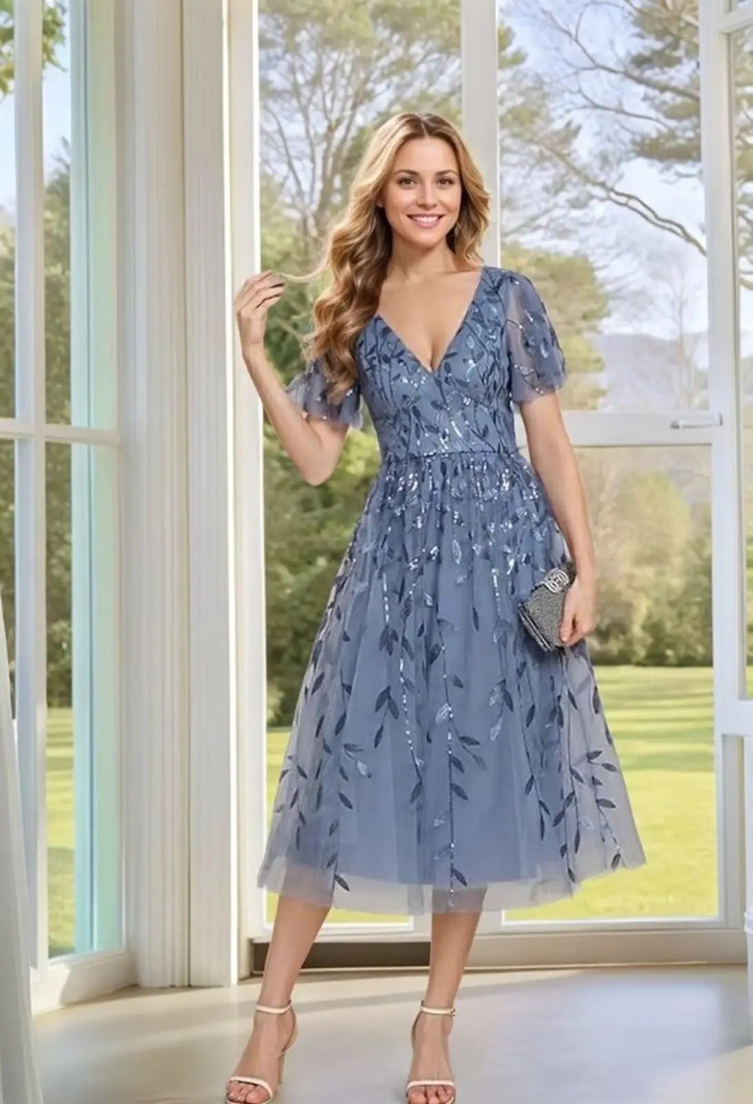 Sequin Embroidered V-Neck Short Sleeve Midi Prom Gown
