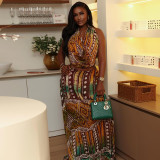 Women Casual Summer Printed Halter Neck Sleeveless Top and Color Block Skirt Two-Piece Set