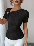 Women Sexy Asymmetrical Neckline Metallic Short-Sleeve T-Shirt