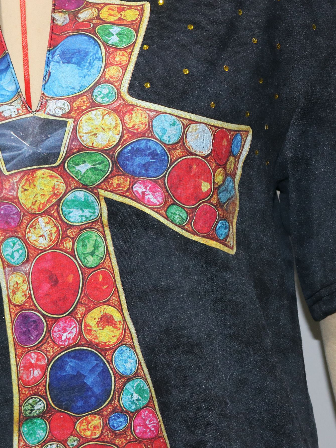 Washed Oversized Cross Print Rhinestone T-Shirt