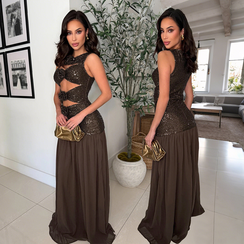 Sleeveless Hollow-Out Sequined Maxi Dress for Parties