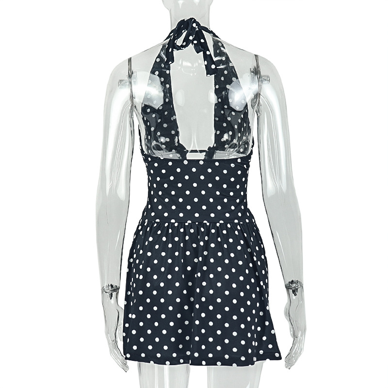 Polka Dot Print V-Neck Sleeveless Halter Dress