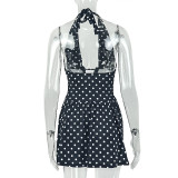 Women Polka Dot Print V-Neck Sleeveless Halter Neck Dress