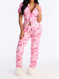 Women Casual Printed Short-Sleeved Top and Pants Pajama Two-Piece Set