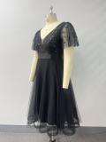 Women Spring Summer Double V Neck Mesh Plus Size Evening Dress Formal Party Gown