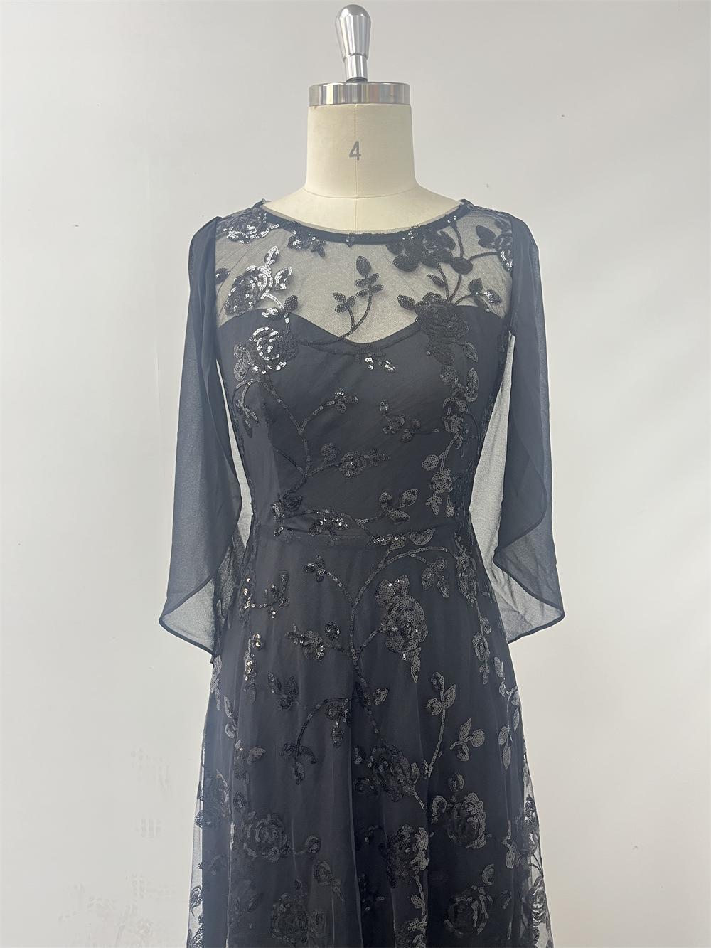 Mesh Sequin Round Neck A-Line Cape Maxi Evening Gown