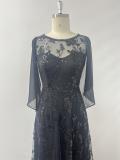 Women Mesh Sequin Round Neck A-Line Cape Maxi Dress Elegant Evening Gown