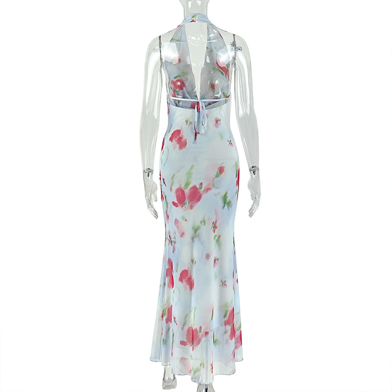 Swing Neck Printed Backless Ruffled Bodycon Dress