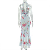 Women Casual Swing Neck Printed Backless Ruffled Bodycon Dress