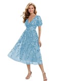 Women Sequin Embroidered V Neck Short Sleeve Midi Evening Dress Prom Party Gown（Processing time need 3-6 days）