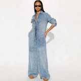 Women Button-Down Long-Sleeved Denim Jumpsuit