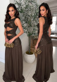Women Sleeveless Hollow-Out Sequined Sexy Party Maxi Dress