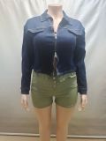 Women Casual Turndown Collar Long-Sleeved Denim Jacket