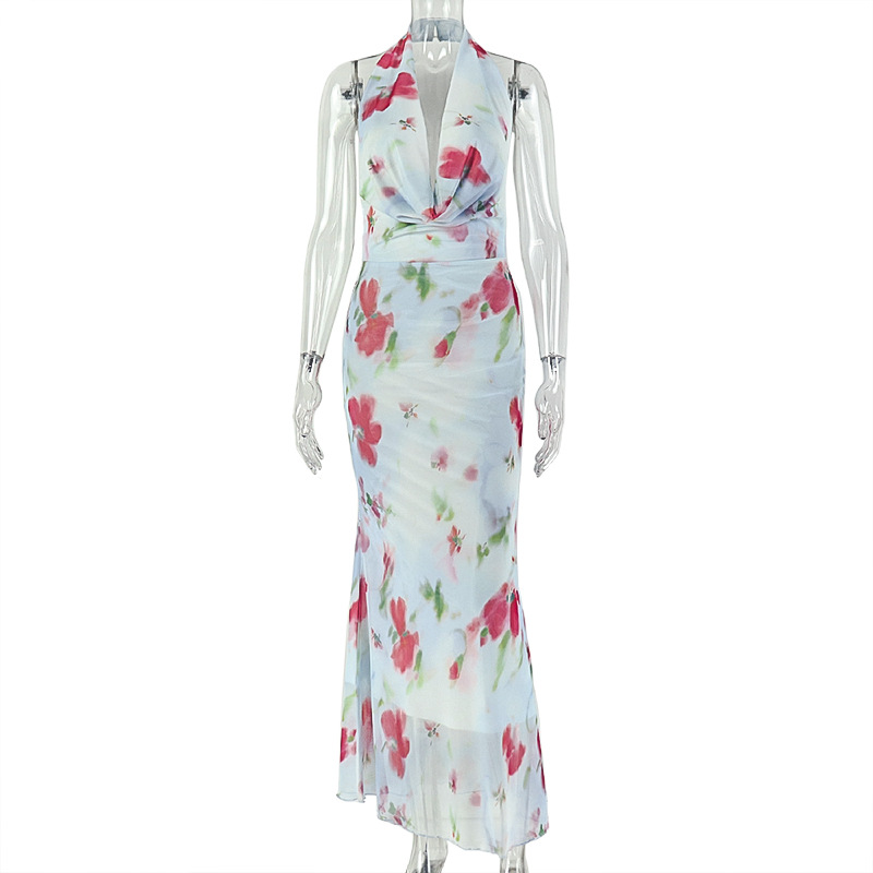 Swing Neck Printed Backless Ruffled Bodycon Dress