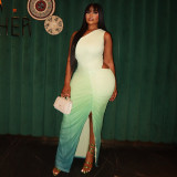 Women Gradient Color Slit Hollow Out Slash Shoulder Sleeveless Bodycon Dress