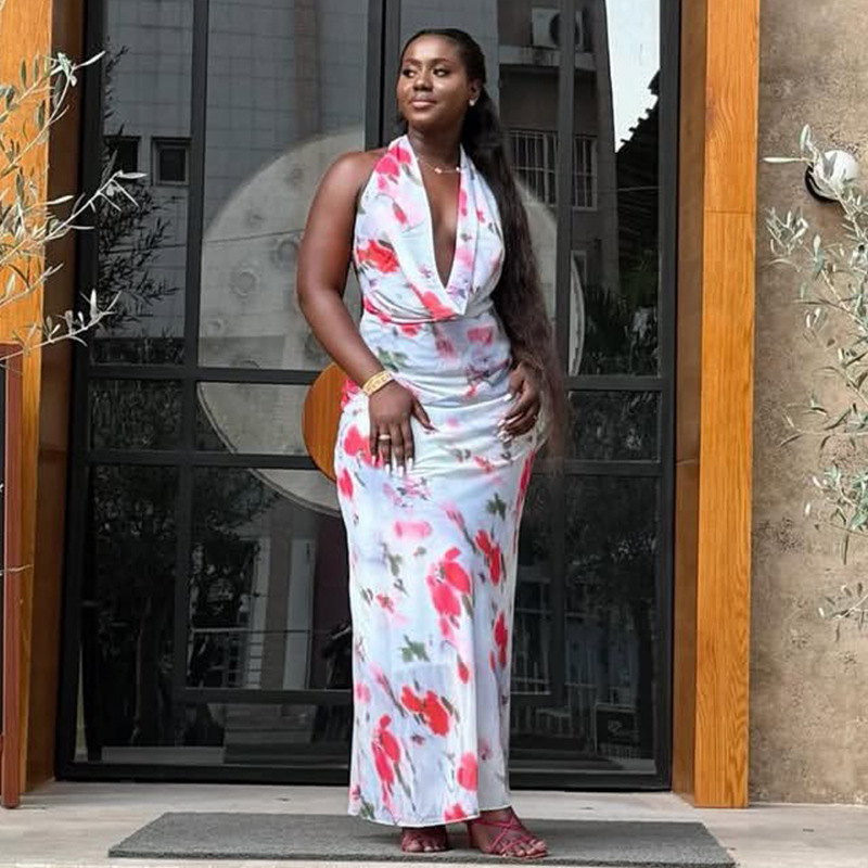 Swing Neck Printed Backless Ruffled Bodycon Dress