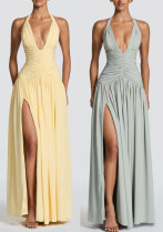 Women Halter Neck V-Neck Sexy Slit Pleated Backless Maxi Dress Women Halter Neck V-Neck Sexy Slit Pleated Backless Maxi Dress