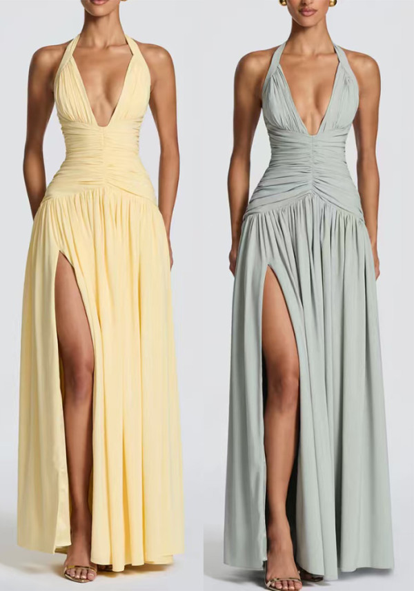 Women Halter Neck V-Neck Sexy Slit Pleated Backless Maxi Dress