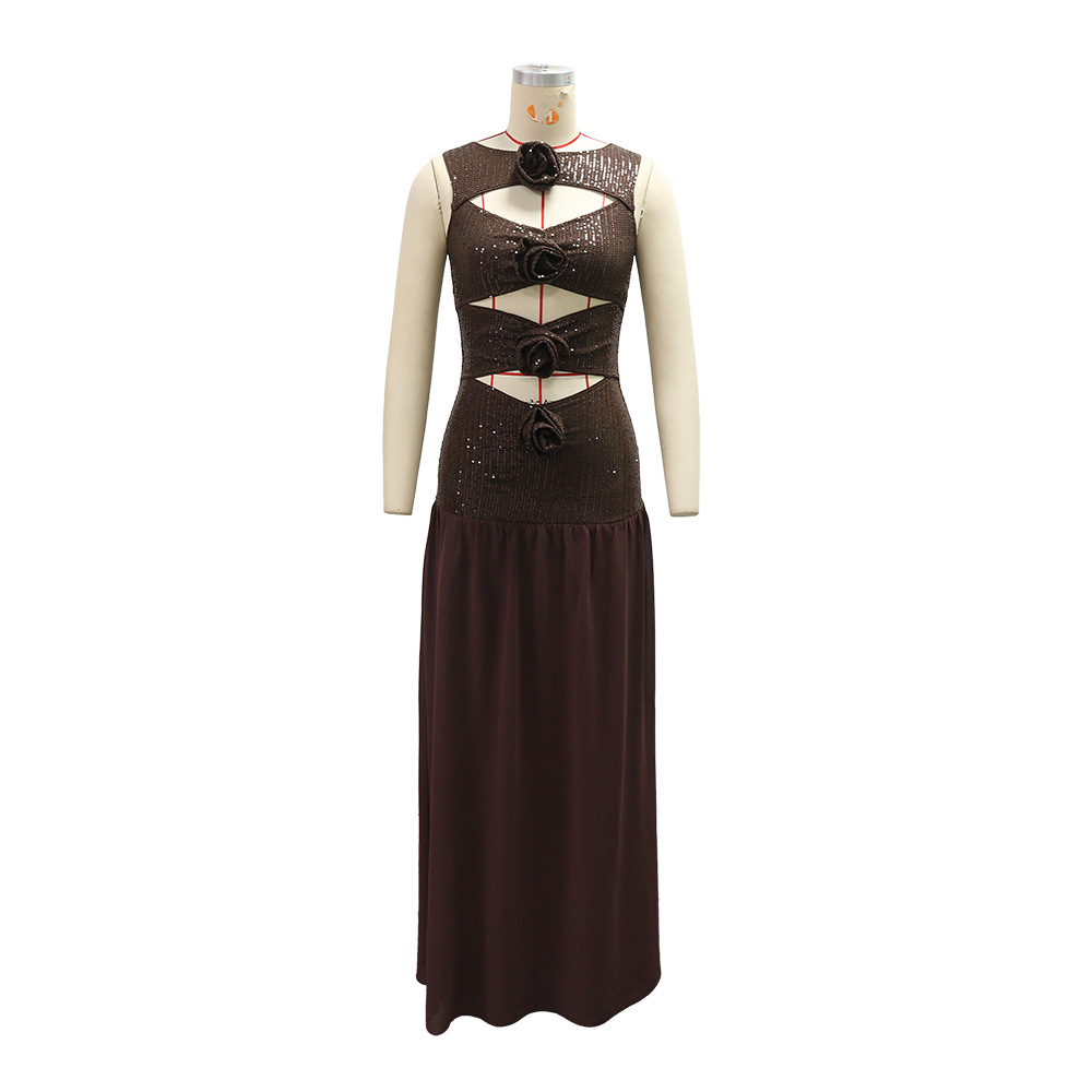 Sleeveless Hollow-Out Sequined Maxi Dress for Parties