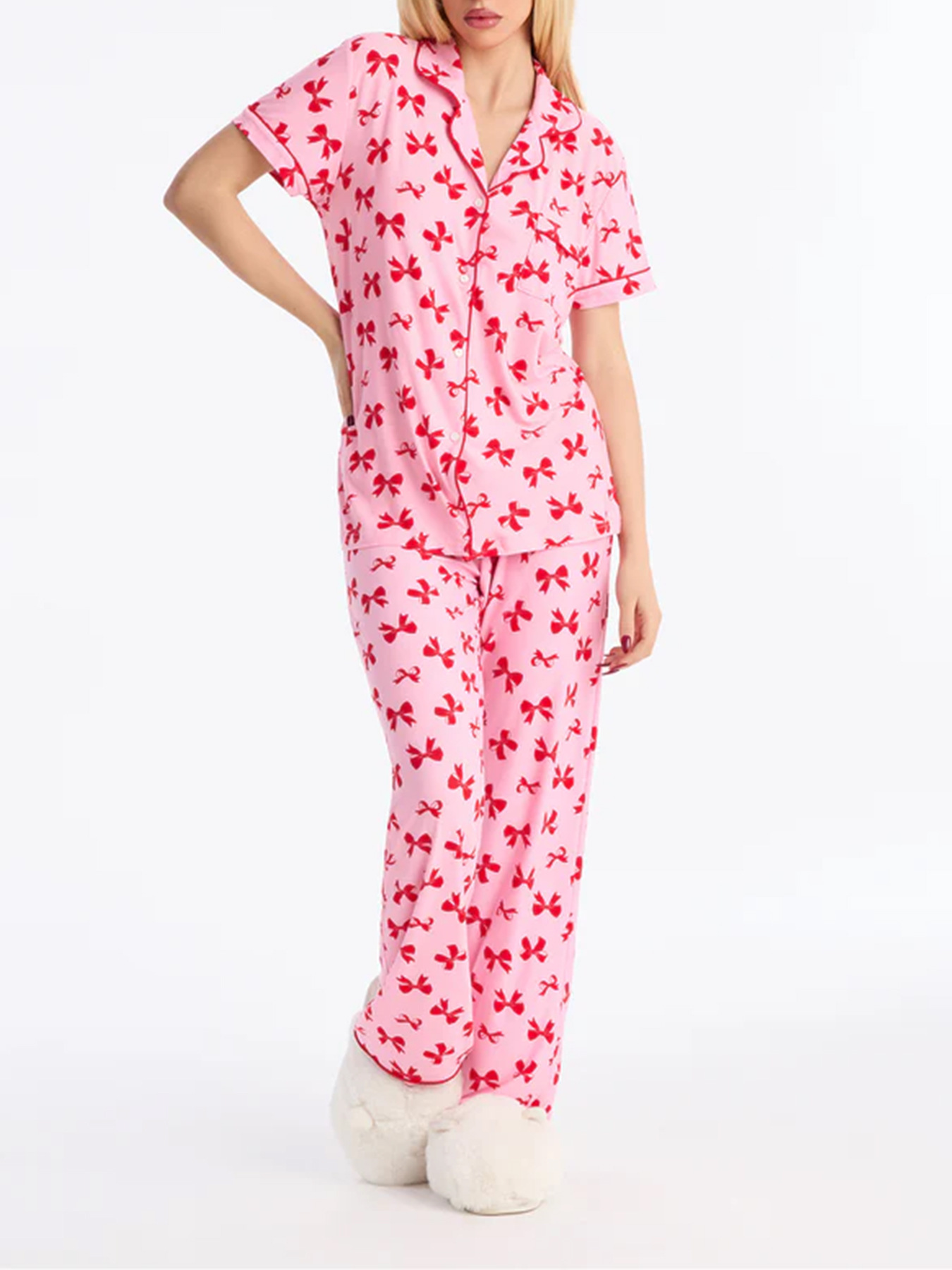 Printed Short-Sleeve Top & Pants Pajama Two-Piece Set