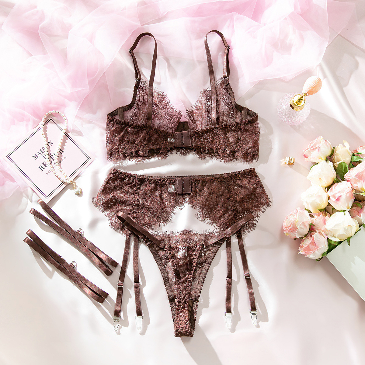 Lace Underwire Bra with Waist Belt Lingerie Set