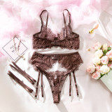 Women Lace Underwire Bra with Waist Belt Lingerie Set