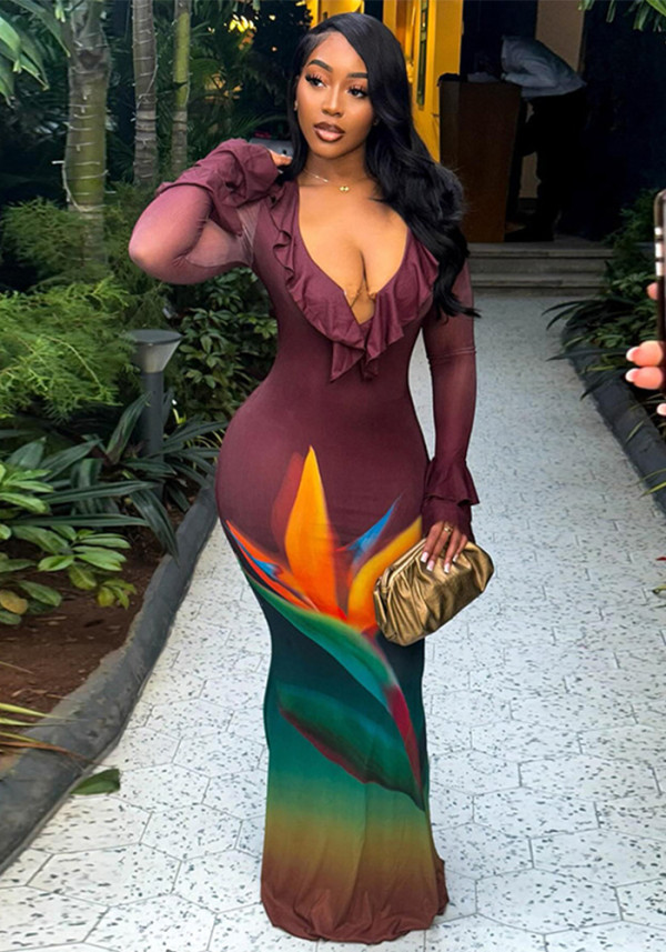 Women Bodycon V-Neck Color Block Maxi Dress