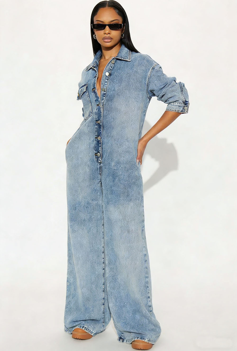 Button-Down Long-Sleeve Denim Jumpsuit for Casual Wear