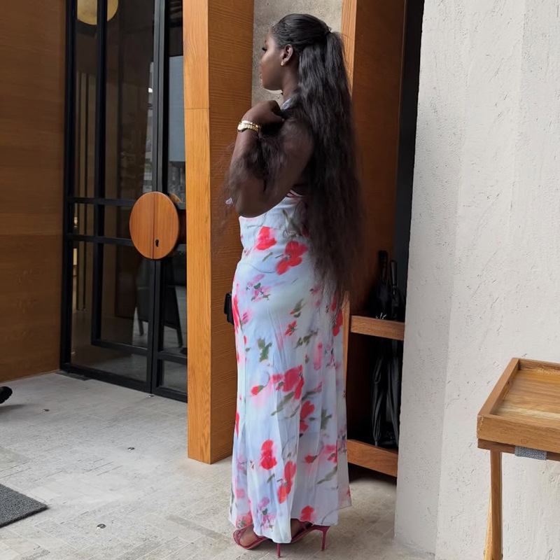 Swing Neck Printed Backless Ruffled Bodycon Dress