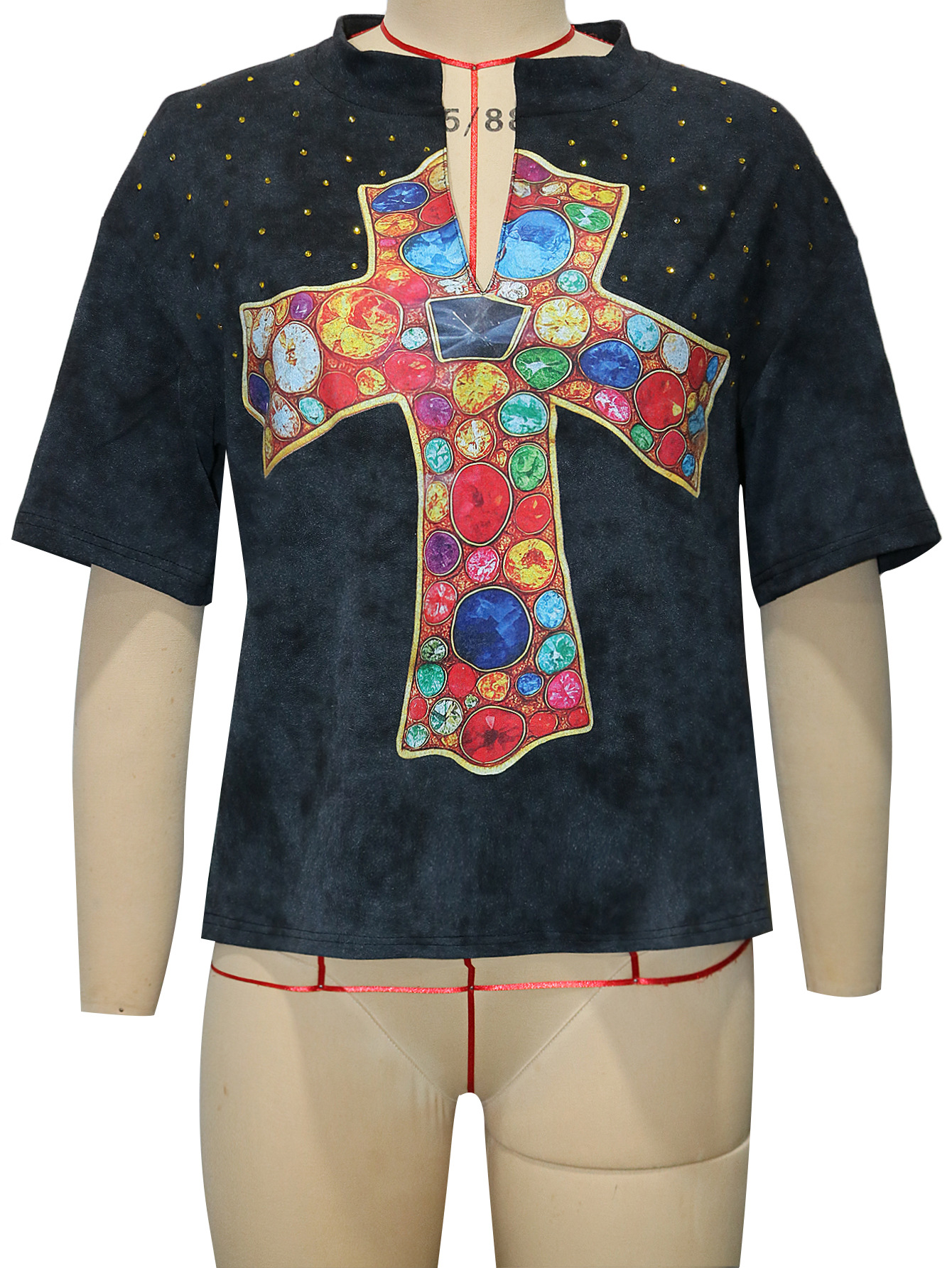 Washed Oversized Cross Print Rhinestone T-Shirt