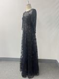 Women Mesh Sequin Round Neck A-Line Cape Maxi Dress Elegant Evening Gown