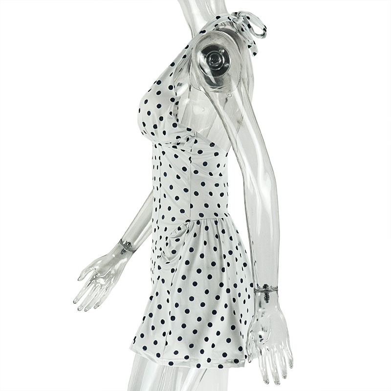Polka Dot Print V-Neck Sleeveless Halter Dress