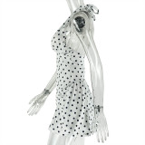 Women Polka Dot Print V-Neck Sleeveless Halter Neck Dress