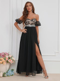 Women Elegant Strap Lantern Sleeve Sequin Embroidery Chiffon Split Dress