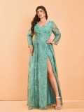 Women Plus Size Long Sleeve Split Slim Fit Formal Party Maxi Dress