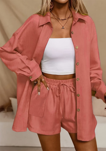 Women Spring Casual Solid Shirt and Shorts Set