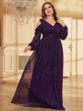Women Plus Size Chic Luxury Purple Sequin Evening Gown Dress